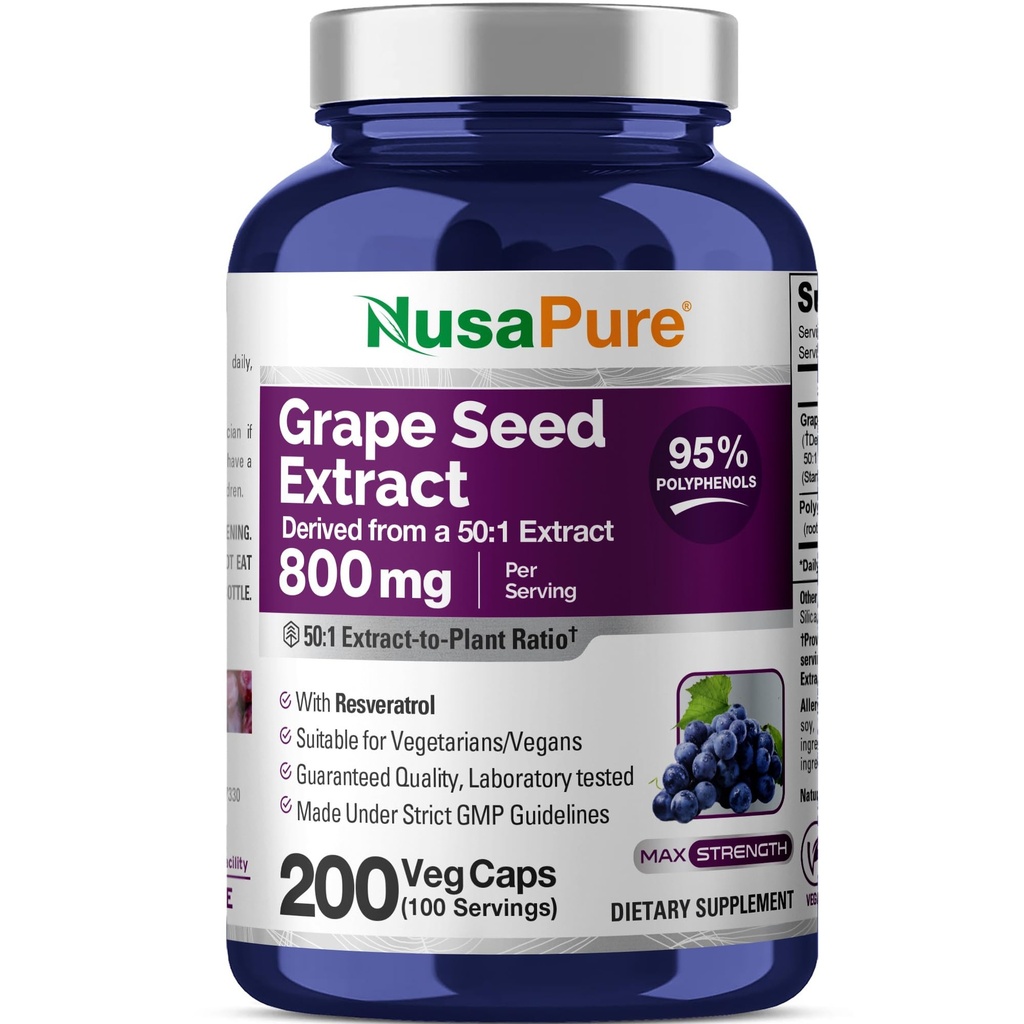 NusaPure Grape Seed Extract 40.000mg per Caps, 200 Vegan Capsules, Standardied, Non-GMO, Gluten Free, Resveratrol