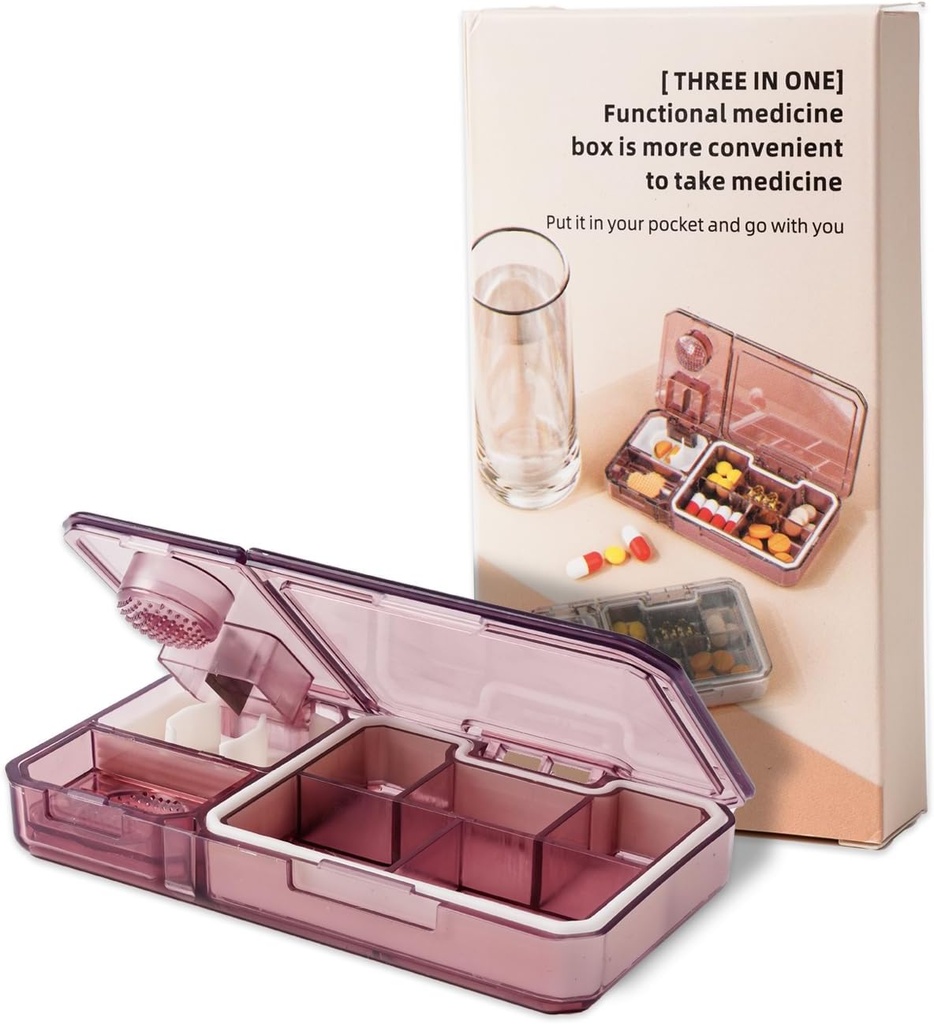 Pill Organizer with Cutter Crusher: Travel Medicine Pill Organizer for Pocket Purse to Hold Vitamin Medication Suplemen, Pink