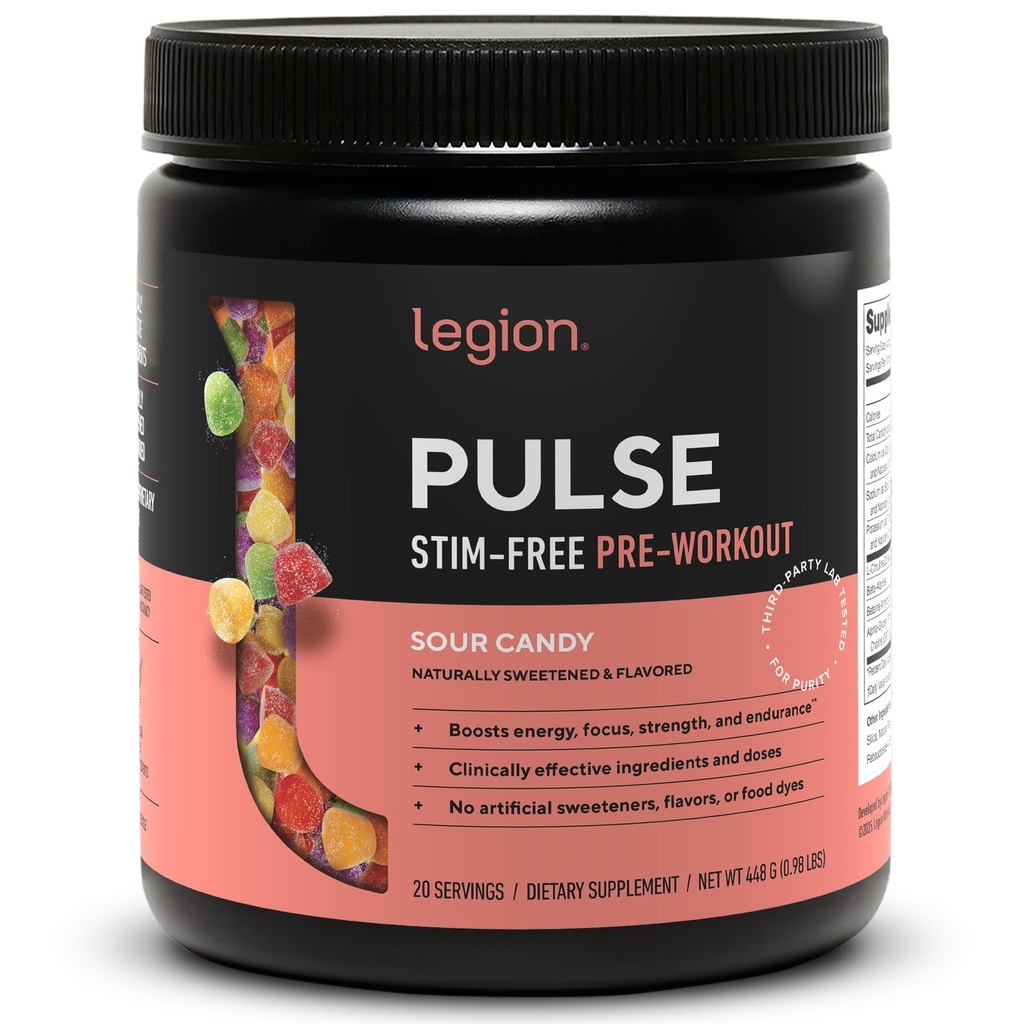 LEGION Pulse Pra Workout Suplemen - Semua Oxide Natural Nitric Preworkwork Minum untuk Boost Energy, Creatine Free, alami Sweetened, Beta Alanine, Citrulline, Alpha GPC (Caffeine Free Sour Candy)