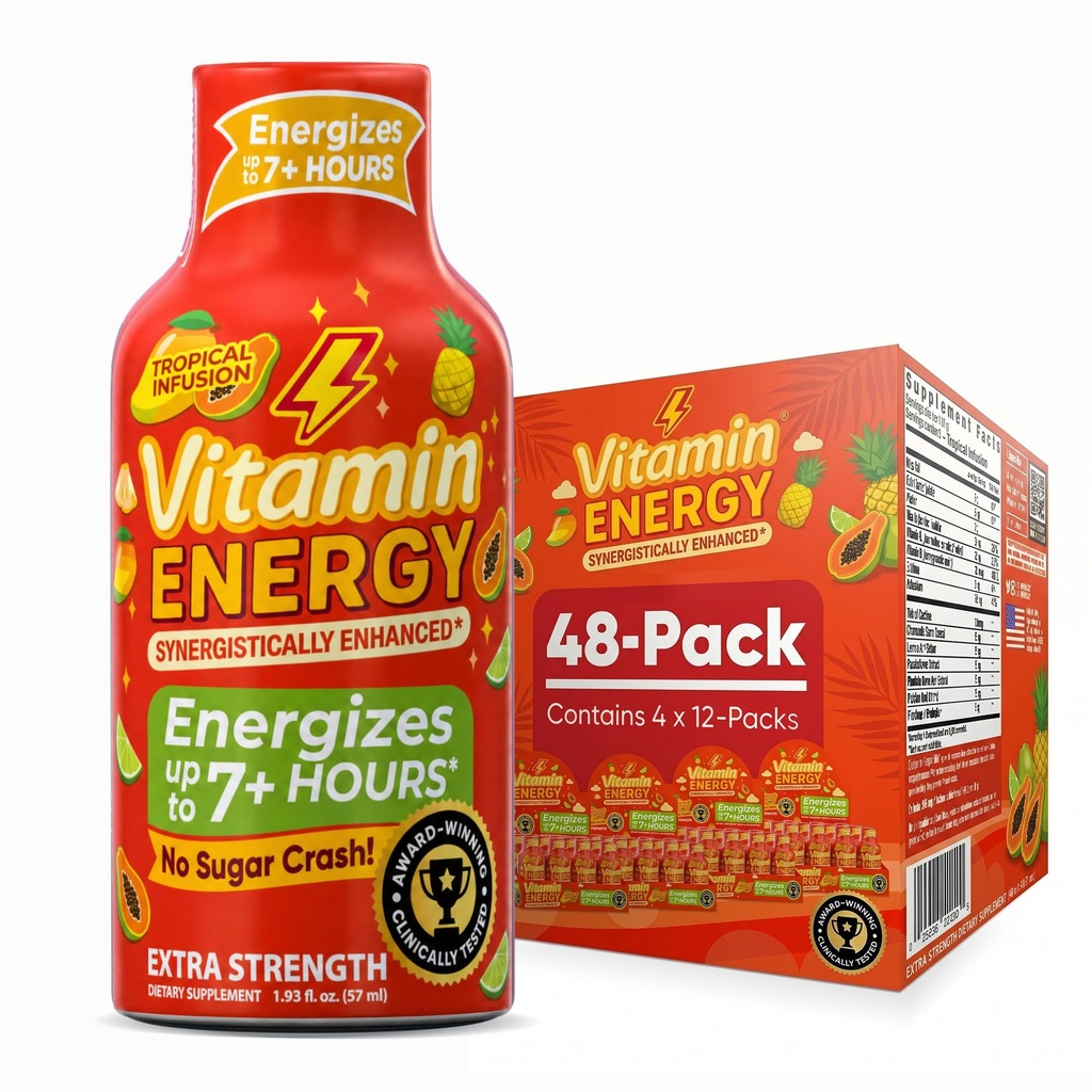 Vitamin Energy Focus + Extra Energy Shot Tropical Infusion 48 Pack, 260mg Natural Caffeine, B-Vitamin, CoQ10, Amino Acids, Focus, Produtivitas & Clarity, Zero Sugar, Gluten-Free, 1.93 fl oz