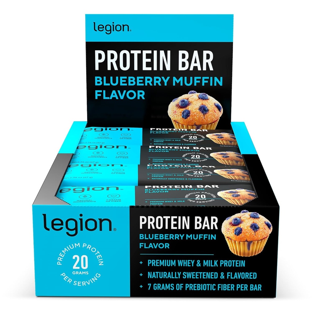 Legion Protein Bar Blueberry Muffin - 100% Whey Protein, Soy Free Protein Bars dengan Prebiotic Fiber - Low Fat Heallean Protein Bar - Gluten Free, Alami Flavored, Low Sugar Protein Bars (12 Count)