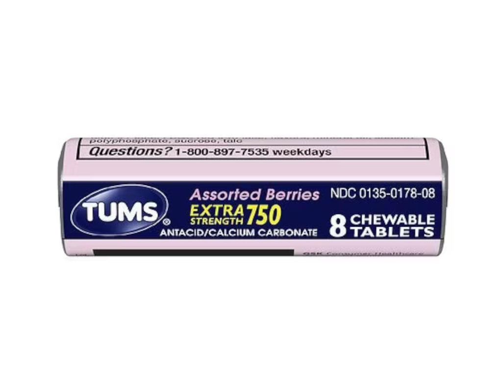 Tums Ekstra Kekuatan 750 Antax dengan Calcium Suplemen Kalsium Kaya Berries Didukung Didukung Flavored - 24 Pocket Ukuran Rolls dari 8 Tewable Tablet Masing-masing Gulung (192 Terbuat Tableg Total)