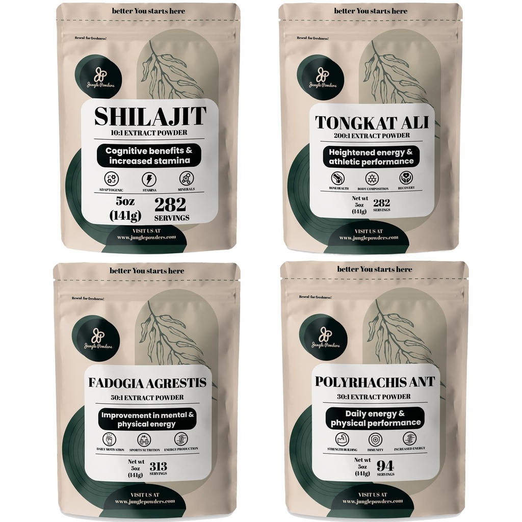 Powder Jungle Herbal Bundle - Shilajit Powder, Tongkat Ali untuk Bubuk Pria, Black Ant Extract Powder, Fdogia Agrestis Ekstrak untuk Persediaan Pria