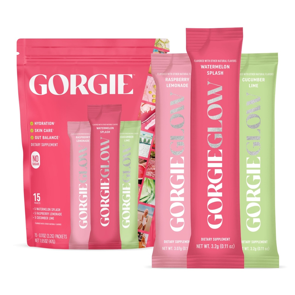 Varian GORGIE Glow Pack 15 Sticks, Electrolyte Powder Healthy Drink Acid, Aquamin, Vitamin C & D, Progrents, No Sugar, Antioksidants for Hydration, Skin Care, and Gut Balance