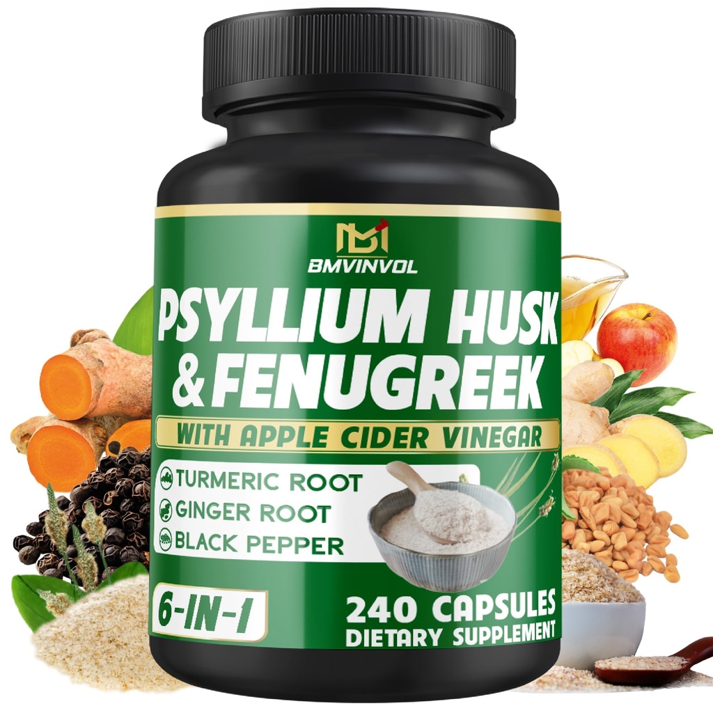 BMVINVOL Psyllium Husk Fiber Suplemen dengan Fenugreek, Apple Cider Vinegar, Turmeric, Ginger, Black Pepper- Divalry Kesehatan Dukungan - 240 Capsules