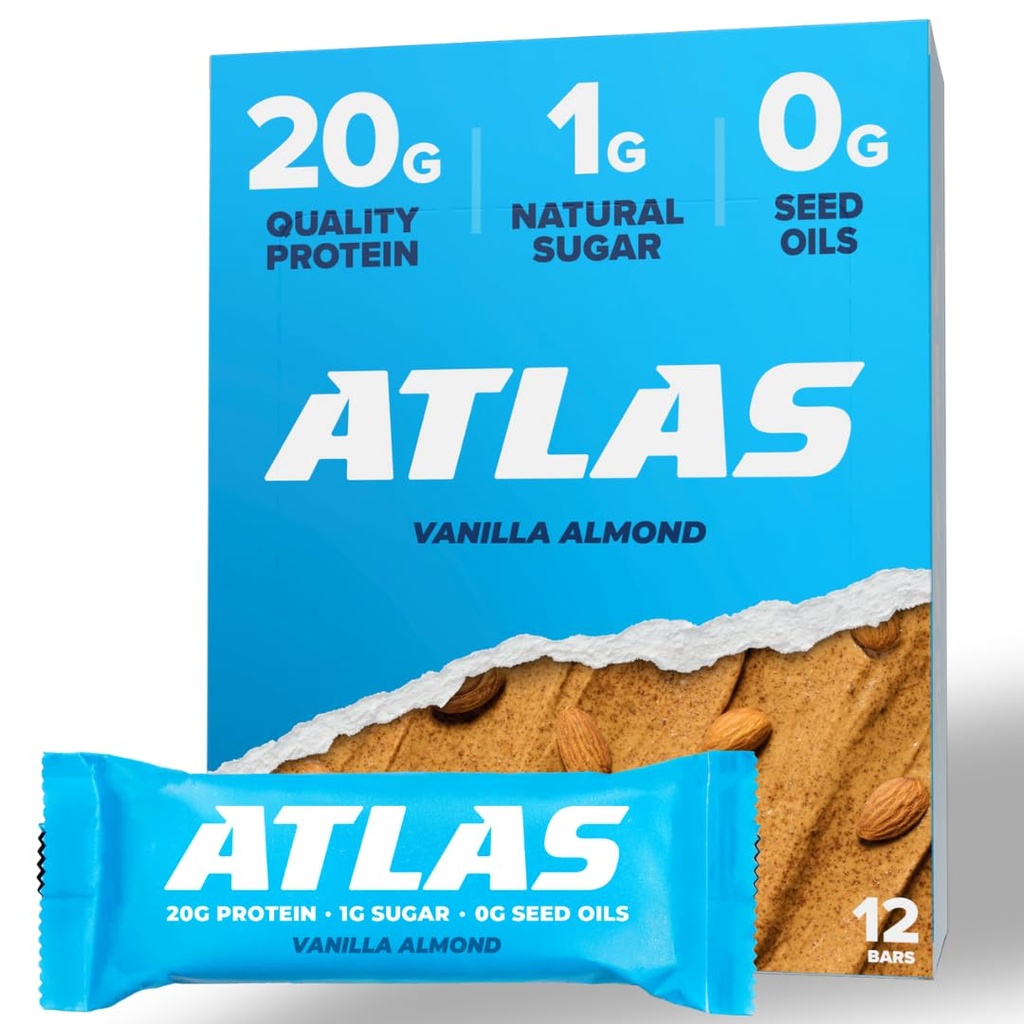 Atlas Protein Bar, 20g Protein, 1g Sugar, Clean Ingrediens, Gluten Free, Vanilla Almond (12 Count, Paket 1)