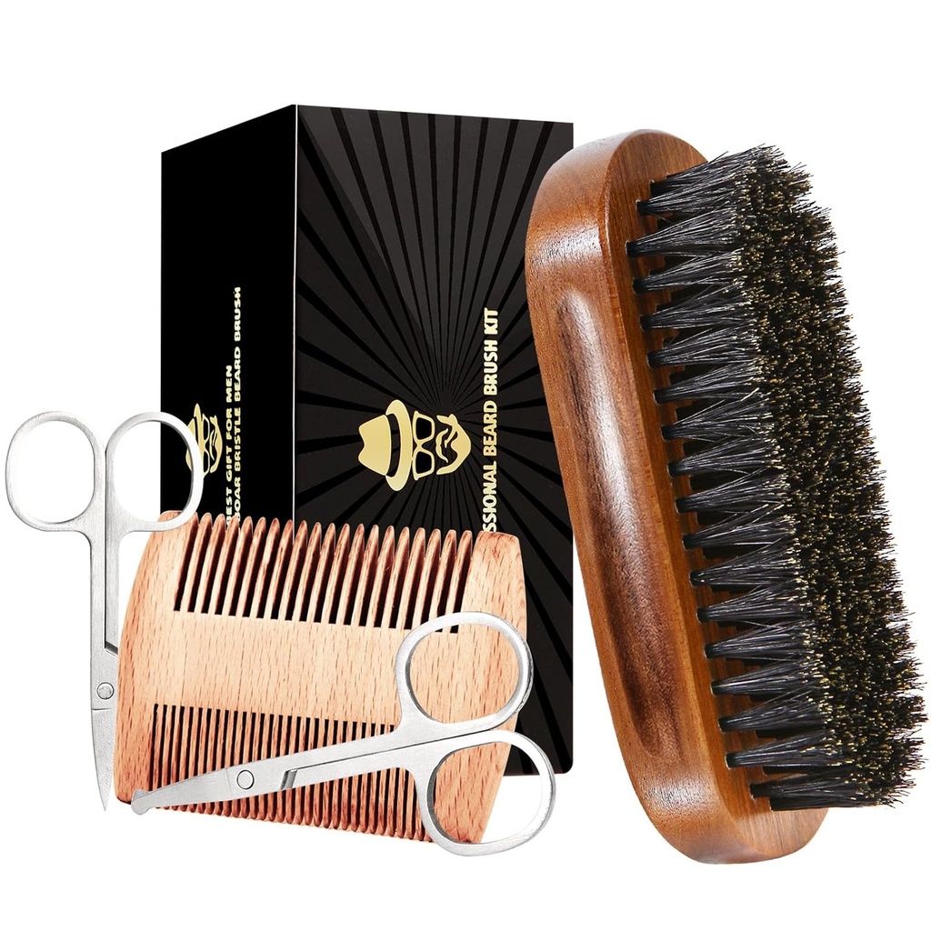 Beard Brush for Men, Boar Bristle Black Walnut Wood Beard and Coliches Grooming Set Included Pure Boar Bristle Brush, Beard Comb, Kumis Gunting, dan Tas Perjalanan