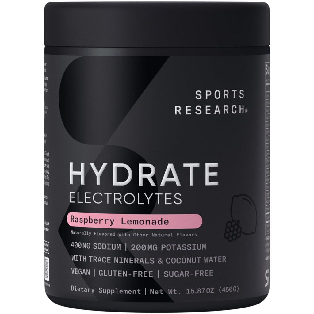 Penelitian Olahraga ® Hydrate Electroltes Powder - Sugar-Free & Alamy Flavared dengan Vitamin, Mineral, dan Coconut Air - Supports Hidration - Raspberry Lemonade - 90 Servings