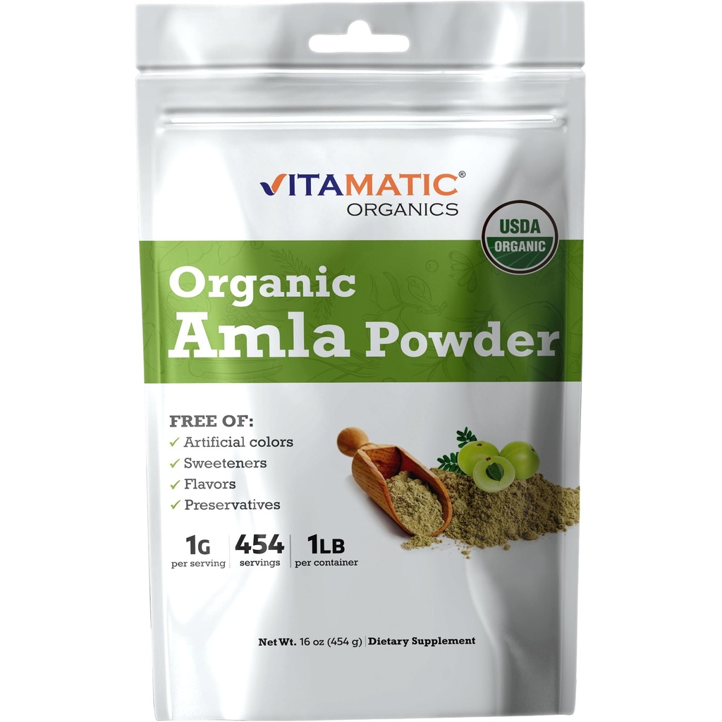 Vitamatic Cerdened USDA Organic Amla Berry Powder - 1 lb (16 oz) Amalaki 124; Kaya dalam Vitamin Alam C & Antiokhidants; Dukung Kesehatan Imune 124; Gluten- Bebas, Non-GMO, Kosher