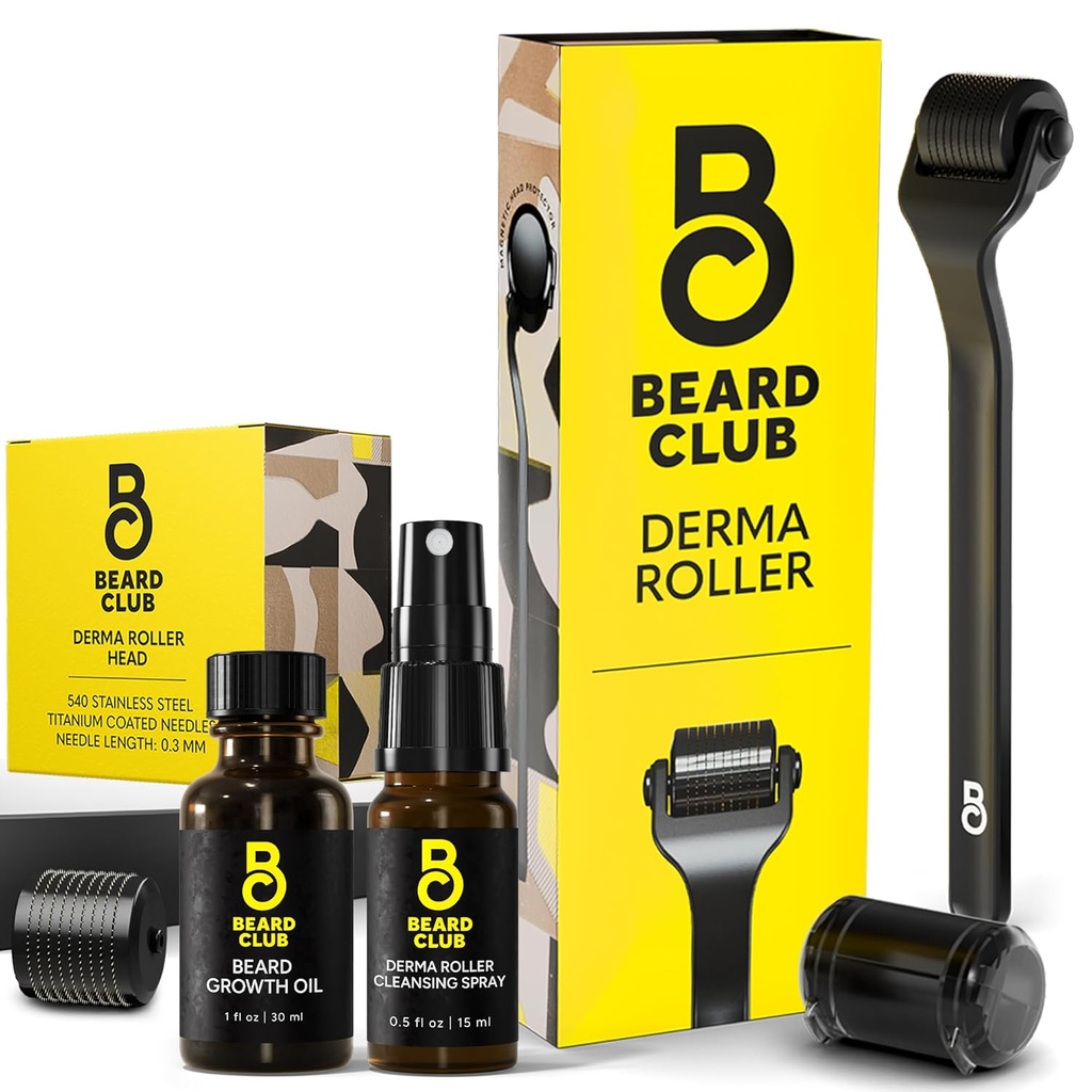 The Beard Club Derma Roller, Beard Growth Oil, Clensing Spray & Replacement Head - Micronedling Roller dengan 540 Titanium Microneedles for Face, Body and Scalp - Beard Roller dengan Santalwood Beard Oil