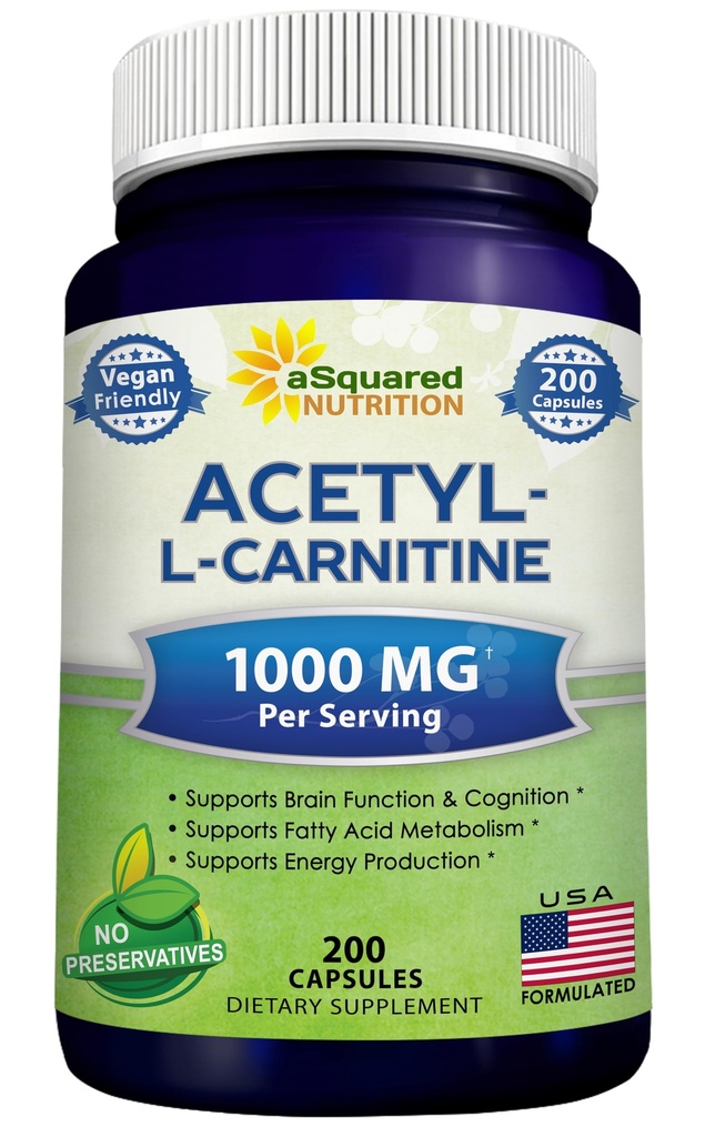 Acetyl Acetyl Acetyl - Carnitine 1000mg Max Kekuatan - 200 Vevgie Capsules - High Dosage Acetyl L Carnitine HCL (ALCAR) Pills untuk Mendukung Energi Murni, Fungsi Otak & Fatty Acid
