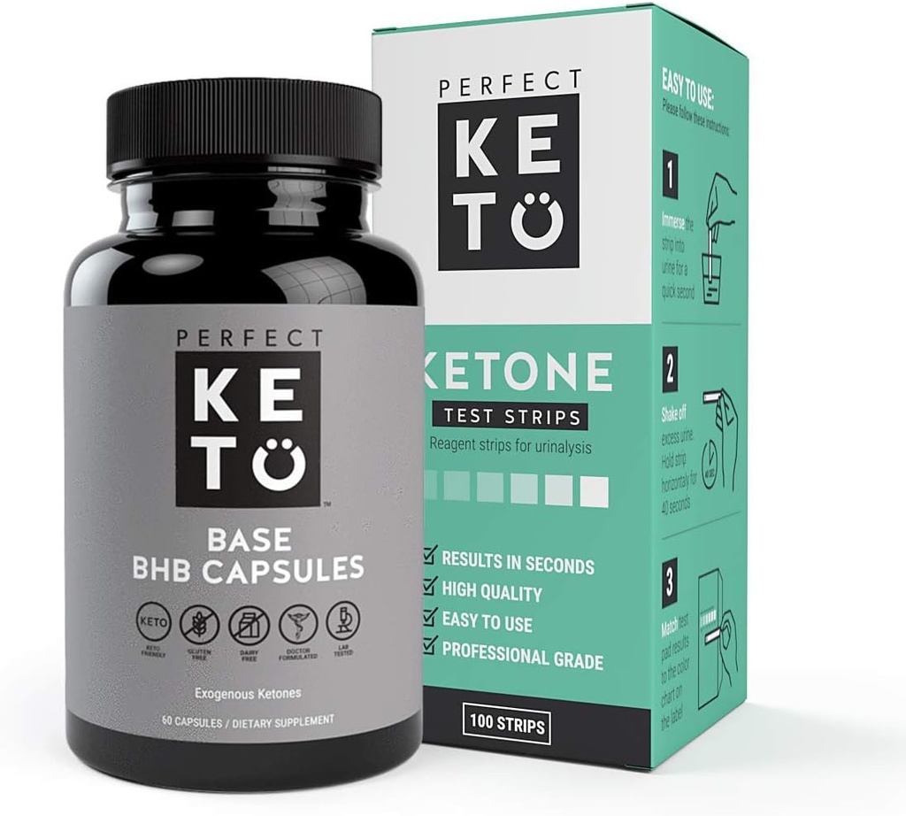 Perfect Keto Exogenous Ketones Base BHB Suplemen (60 Kapsul) - Ketogenic Diet Dukung Manajemen Berat, Energi & Fokus - Ketosis Beta- Hydroxybutyrate dengan (100 pcs) Keto Strips Bundle