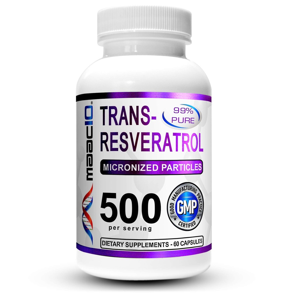MaAC10 Trans Resveratrol 500mg Tambahan (Mikronized Farmasi Tingkat 99% Pure Transveratrol Ekstraksi + BioPerine untuk Absorpsi Superior) (2X 250mg Capsules 60ct)