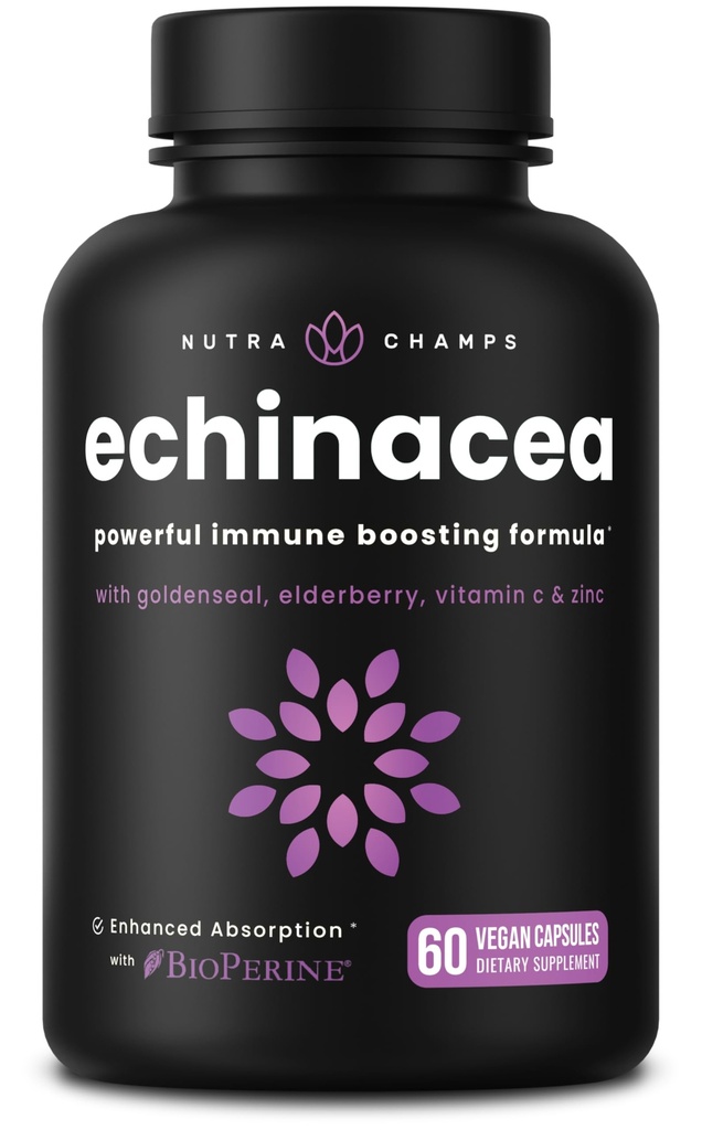NutraChamps Echinacea Capsules 1000mg - 8-in- 1 Tambahan Dukungan Ammune - Echinacea Goldenseal, Vitamin C, Zinc, Ginger, Elderberry - 60 Capsules