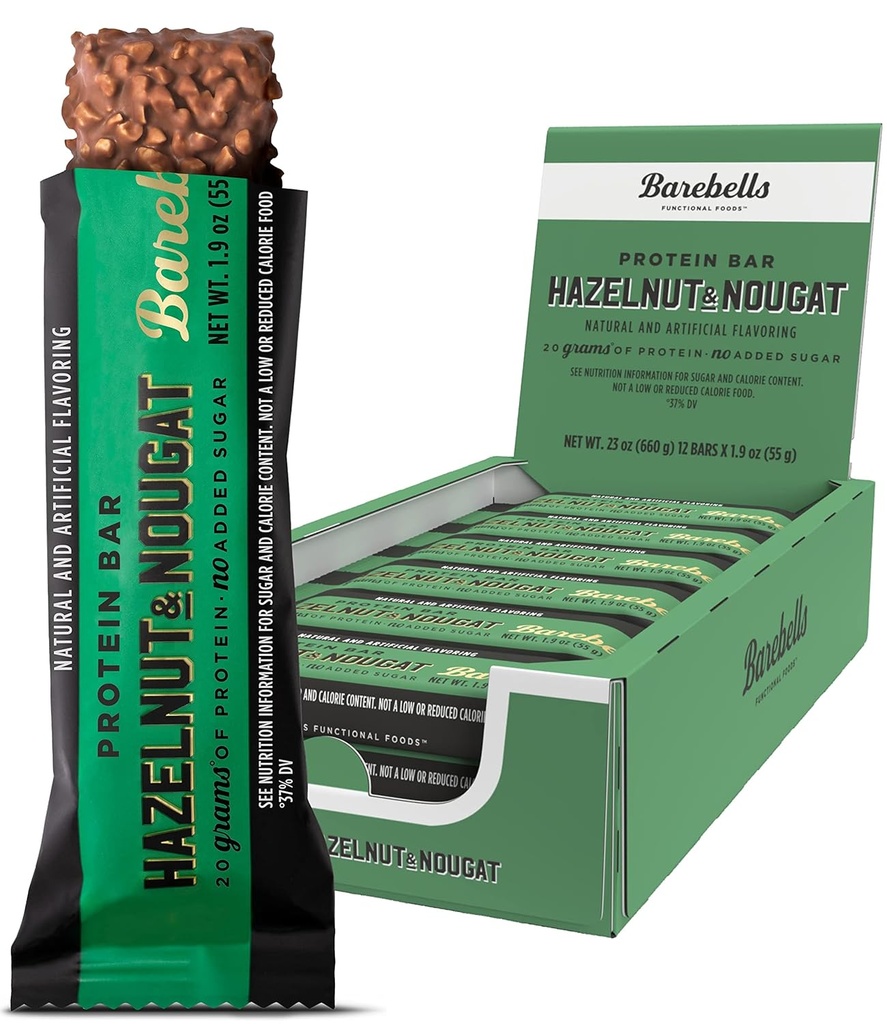 Barebells Protein Bars Hazelnut & Nougat - 12 Count, 1.9oz Bars - Protein Snack dengan 20g Protein Tinggi - Coklat Protein Bar dengan 1g Total Sugars - Pada Go Protein Snack & Breakfast Bars
