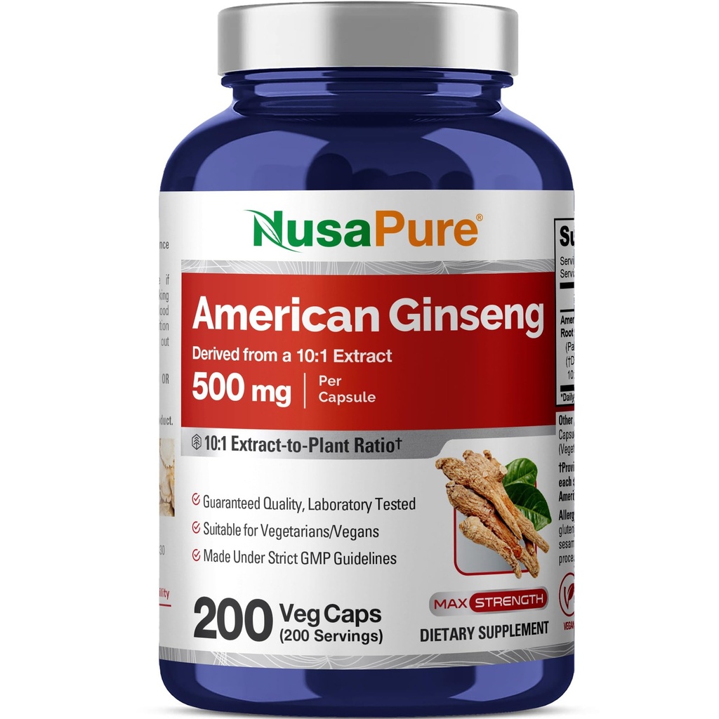 NusaPure American Ginseng 10: 1 Ekstraksi, 500 mg Equivalen 5000mg - 200 Veggie Capsules (Vegetarian, Non- GMO, Vegan)