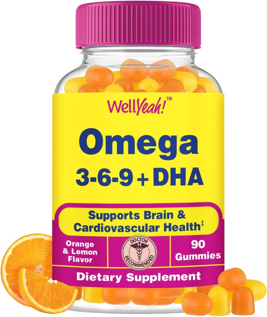 Baik Yeah Omega 3 6 9 Gummies 12.4; dengan Flaxseed Oil dan DHA 124; Vegetarian Omega 3 Oil Alternative 124; GMO Bebas, Gluten Free, Orange & Lemon Flavor 124; Natural Sourced Colors dan Flavors 124; 90 Count