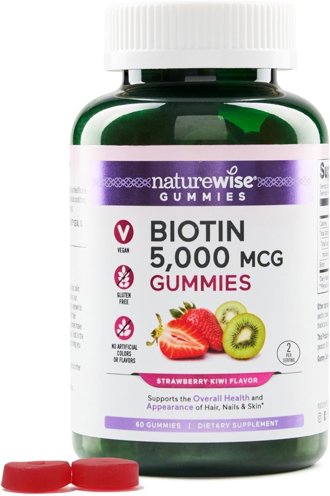 NatureWise Biotin Gummies - Mendukung Rambut Sehat, Kulit dan Nails Kuat - Vitamin B7 5000mcg - Natural Beauty - Strawberry- Kiwi Flavor - Vegan, Non-GMO, Gluten Free - 60 Count [Persediaan Hari 30]