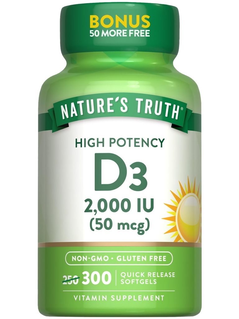 Kebenaran Alam Vitamin D3 2000 IU 124; 300 Softgeels 124; Potensi Tinggi Formula 124; Non-GMO & Gluten Free Supplement
