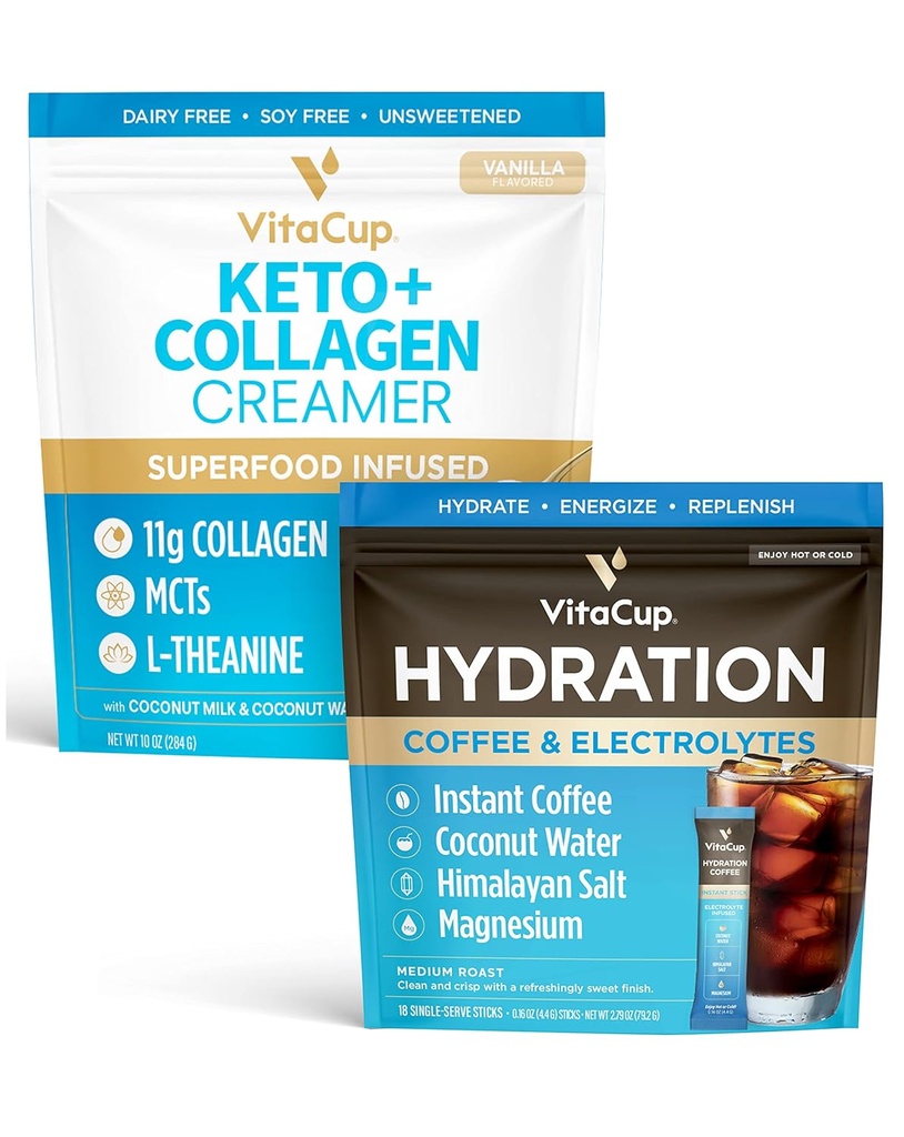 Vitamin Cup Hidration Instant Coffee Sticks w / Electrolytes, Coconut Water, Medium Roast 18ct & Keto + Collagen Vanilla Coffee Creamer w / Superfood & MCTS, 10 oz