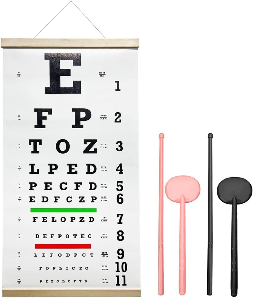 Snellen Eye Chart, Eye Chart, Snellen Eye Exarlen Eye Paint Eye Exam Kit with Cute Eye Occluders 20 Feet Optical Eye Test Reconable Wooden Frame Canvas Eye Chart for Kids and Dewasa