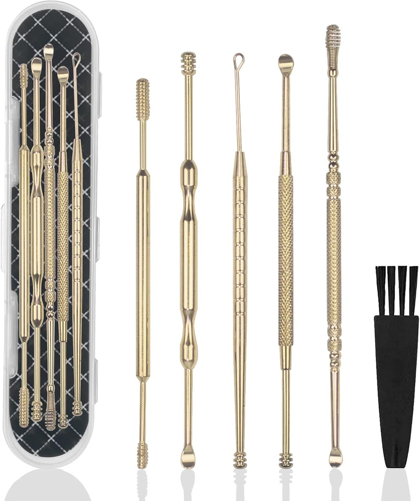 Hion 6 Pcs Extended Ear Wax Removal Kit, Removal Profesional Double- Headed Ear Ear Tools Pick, 316L Stainless Steel Ear Curette dengan Cleaning Brush and Storage Box, Suit for Kid Adult (Emas)