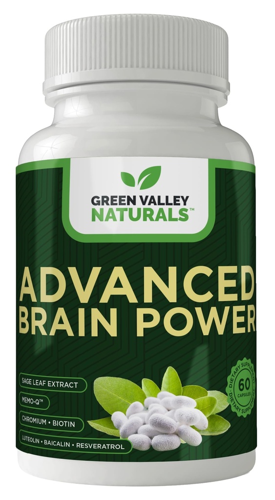 HIJAU VALLEY NATURALS - Advanced Brain Power - Supports Healthy, Normal Brain Fungsi, Fokus dan konsentrasi, secara klinis merumuskan untuk mendukung Kejelasan Otak Sehat. (1 Botol, 60, Hitung)