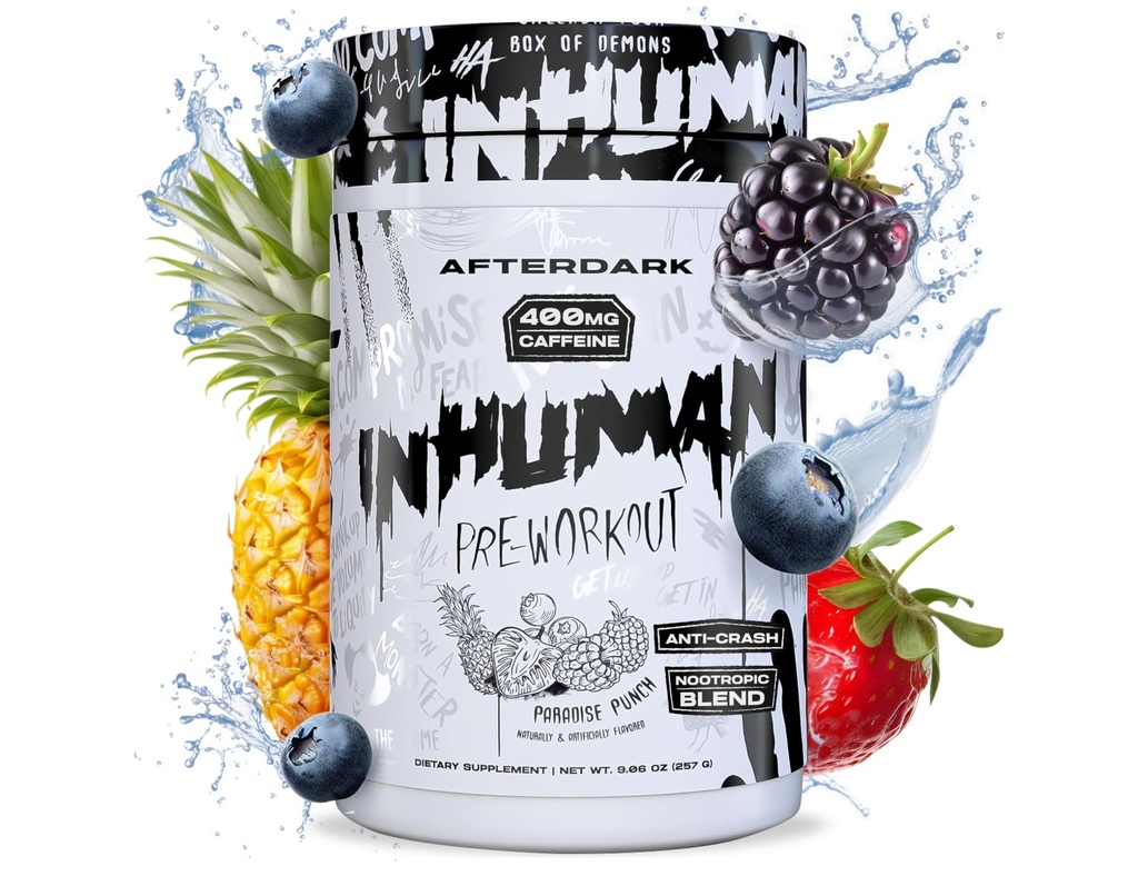 AFTERDARK INHUMAN Preview Powder, Enhanced Mind- Muscle Connection, Substained Energy, PowerNootropic Blend, Vegan, Gluten-Free, Soy-Free, 400mg Caffeine, No Crash, Paradise Punch