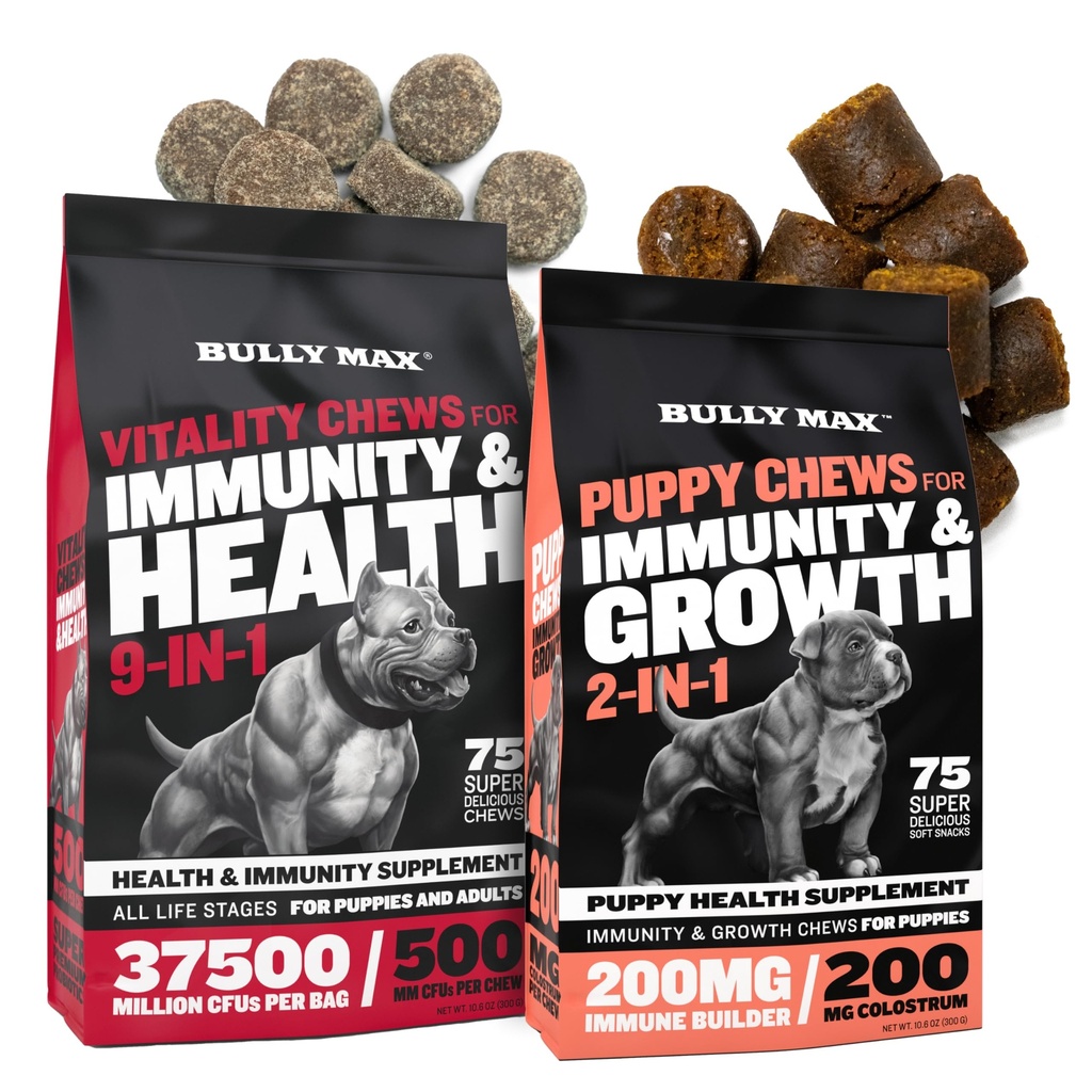 Bully Max Vitalitas Dog Chews and Puppy Soft Chews Bundle for Total Auption with Daily Vitamin for Puppy and Adult Dogs - termasuk Imune, Gabungan, Skin, Coat, Ditrable, dan Pengembangan Dukungan