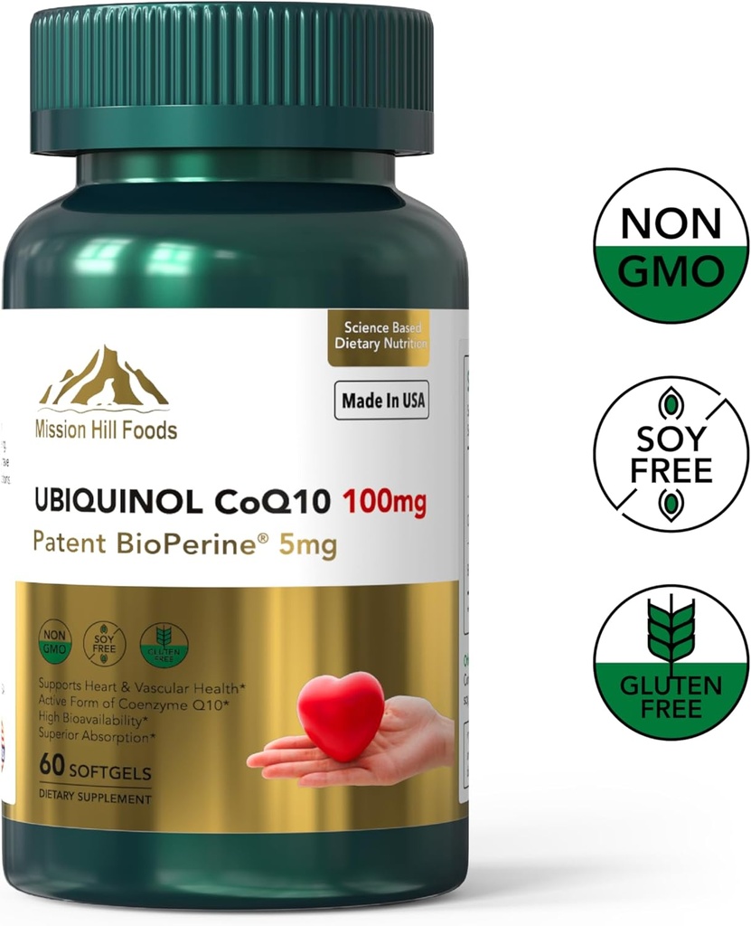 Premium Ubiquinol CoQ10 + BioPerine (100mg) = 124; Antioksidant for Heart Health (1 Botol - 60 Softgels-2mo Supply) Atter4; High Absorpsi Heart & Vascular Vitamin 124; None-GMO & Gluten Bebas