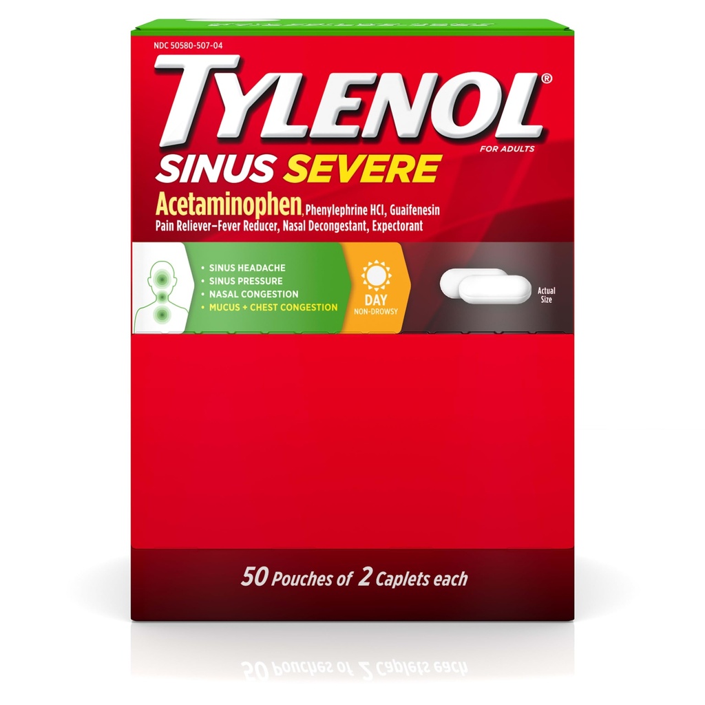 Tylenol Sinus Phenylephrine HCl 5mg, Non-Drowsy Pain Reliever, Expectorant & Nasal Decongestant, 50 Paket Perjalanan 2 Car