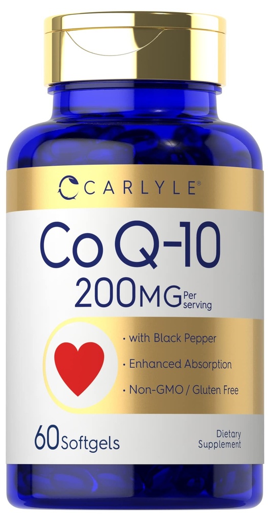 Carlyle CoQ10 200mg Softgeels 124; 60 Count 124; dengan Black Pepper 124; Enhanced Absorpsi 126; Non-GMO, Gluten Free Supplemen