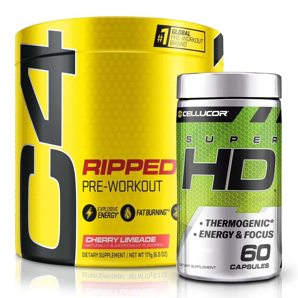 C4 Ripped & SuperHD, Bundle Thermogenic, Powder Pra Rap Kerja C4, Cherry Limeade 30 Servings + SuperHD dengan Capsimax dan Green Tea Extract, 60 Servings