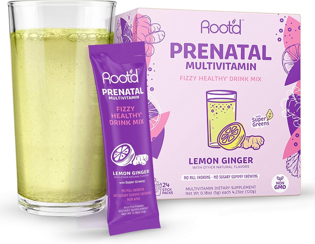 Rootd - Powder Prenatal Vitamin - Pregnancy Multivitamin dengan 25 Vitamin & Minamins, C, D, E, B12, B6, K, Besi, Felope, Organic Super Greens 124; Lemon Ginger 124; 24 Effervescent Stick Packs