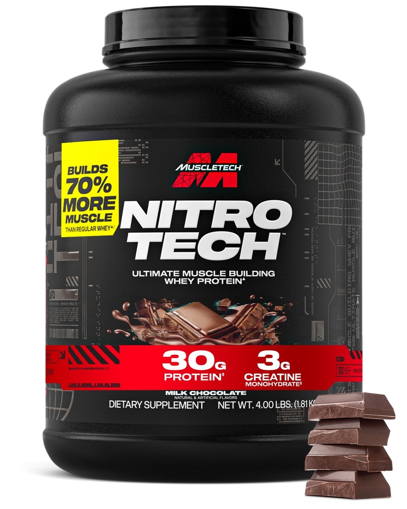 Muscletech Whey Protein Powder (Milk Chocolate, 4 Pound) - Nitro- Tech Ultimate Muscle Building Formula dengan Whey Protein Isolate - 30g Protein, 3g Creatine & 6.8g dari BCAA - Packaging May Vary