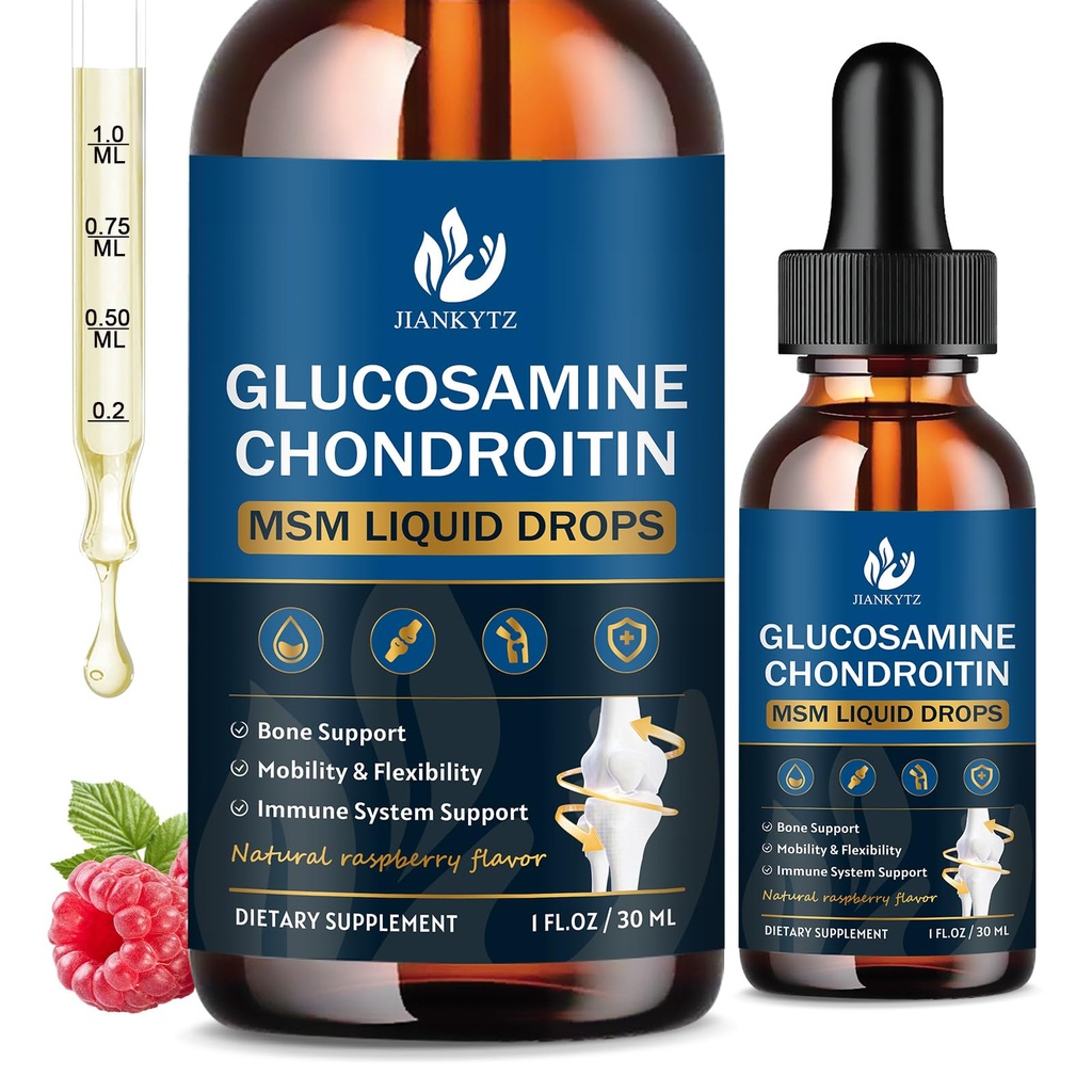 (2 Kemas) Glucosamin Chondroitin MSM Liquid Drops, Penyerangan Tinggi, Antioksidant, Imune, Dukungan Tulang, Sum Tambahan Pria & Women, Vegan, Sugar- Free, Raspberry Flavor, 1 Fl Oz