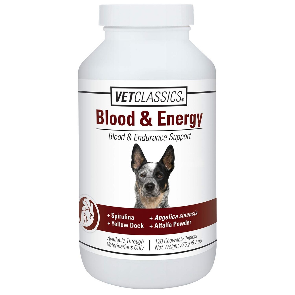 Vet Classics Blood & Energy Support for Dogs, Support Endurance with Spirulina, Yellow Dock, & Alfalfa Dukung Formasi Hemoglobin dan Myoglobin, 120 Chewable Tablet