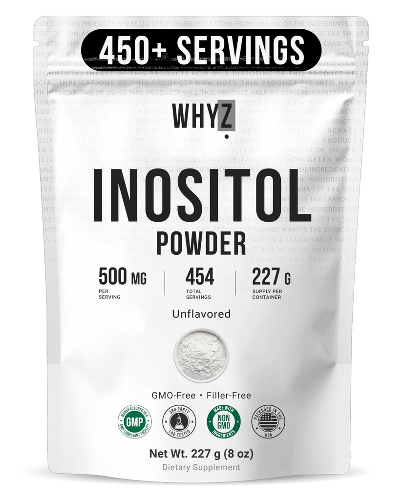 Mio- Inositol Powder 8oz, Mual Myo Inositol Suplemen untuk Dukungan Ovarium, Keseimbangan Fertilitas dan Hormonal, Bubuk Inositol Murni, Myo- Inositol Tambahan Energi, Kesehatan Otak, 454 Hamba