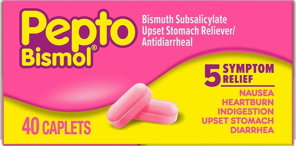 Caplets Bismol untuk Nausea, Heartburn, Intervention, Upset Stooach, dan Diare, 5 Symptom Fast Relief dalam Formasi Konvenient, 40 ct