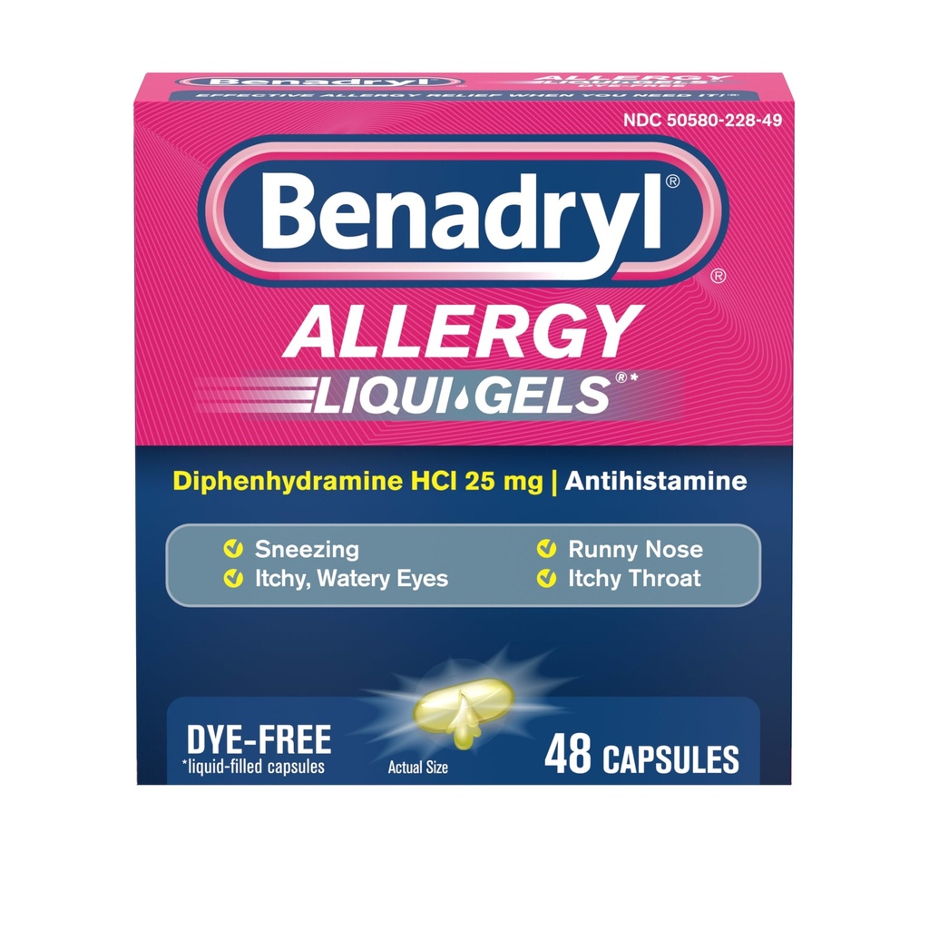 Benadryl Liqui- Gels Antihistamine Allergy Medicine & Cold Symptom Relief, Dye- Free Liquid Gels dengan 25 mg Diphenhydramine HCI untuk Symptoms Seperti, Runny Nose, Sneezing & More, 48 ct