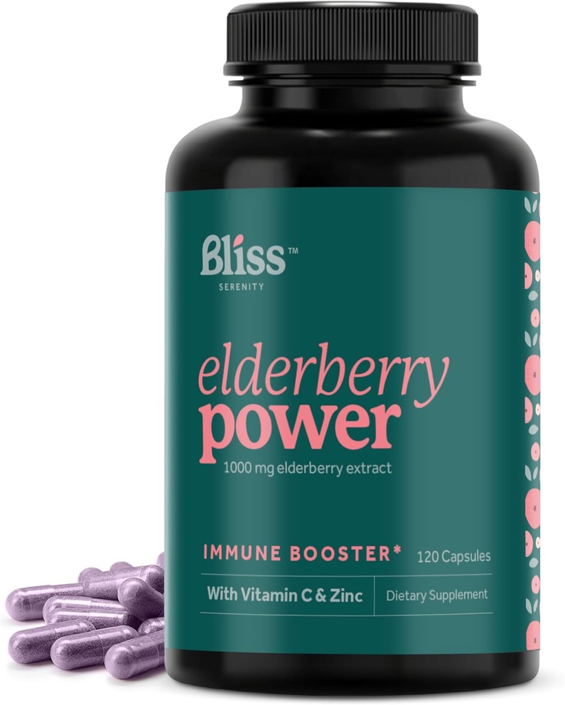 Elderberry dengan Zinc dan Vitamin C untuk Dewasa - Sambucus Elderberry Capsules - 1000 mg Extract, Suplemen Dukungan Ammune untuk Perempuan dan Pria, dengan Antioksidant Fruit Blend, 120 Vexcaps, 60 Hari Suppply