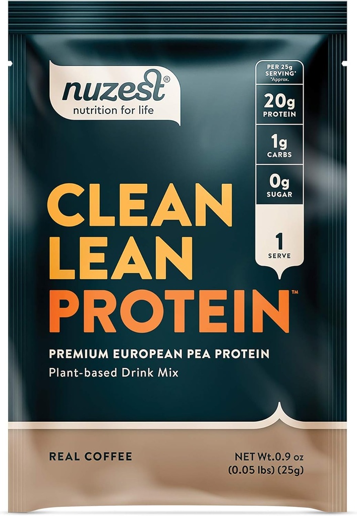 Nuzest - Pea Protein Powder - Clean Lean Protein, Premium Vegan Plant Based Protein Powder, Dairy Free, Gluten Free, GMO Free, Alamed Sweeded Protein Shake, Real Coffee, 1 Serving, 0.9 oz