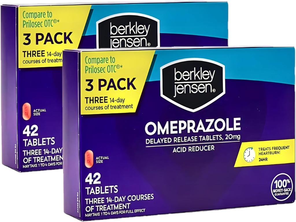 berkley jensen Omeprazole 20 mg Delayed Release Tablet - Heartburn - Acid Reducer Pills - Trets Freedent Heartburn - 3 x 14-Day Courses, 42 Count (Pack of 2)