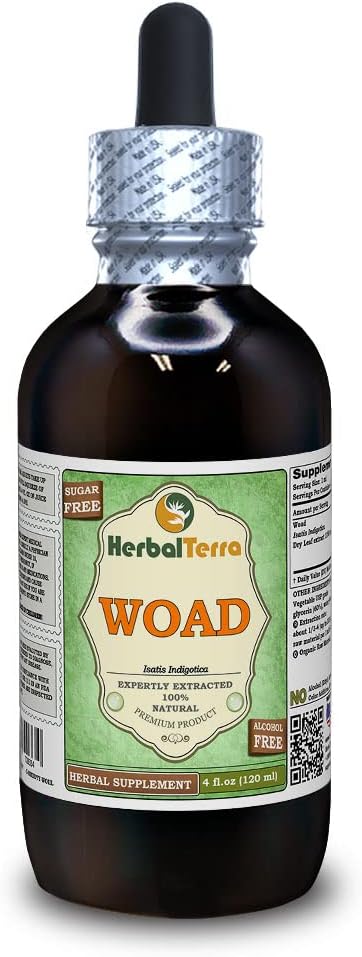 Woad (Isatis Indigotica) Glycerite, Dry Leaves Alcohol- Free Liquid Extract (Nama Merek: HerbalTerra, Proughtly Made in USA) 4 f.oz (120 ml)