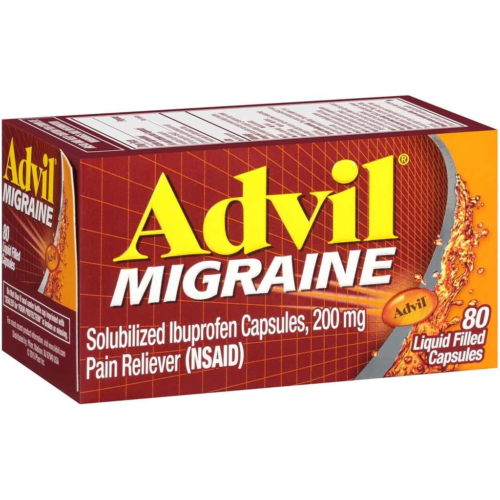 Advil Migraine Pain Reliever, Solubilized Ibuprofen 200mg, 80 Count, Liquid Filed Capsules, powerful Migraine Relief