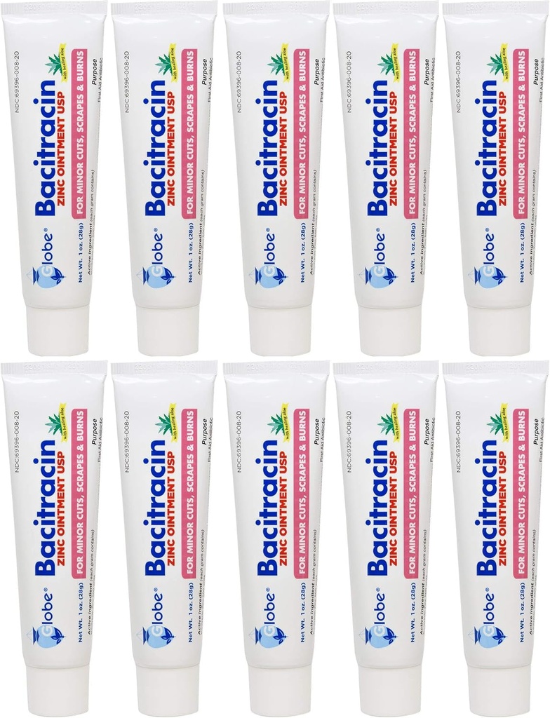 Globe Bacitratin Zinc Oles1 oz 124; Antibiotic O64; Escular Antibiotic Applies First Supite 12.4; Healing Action: Maximum Antibiotic Power 124; Prevention Infeksi in cut, scrapes, luka bakar £124; 10 PERE 124;