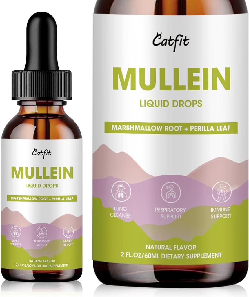 Mullein Drops for Lungs - Mullein Leaf Extract dengan Marshmallow Root, Perilla & Astragalus untuk Dukungan Respiratory, Imune Boost & Lung Detox, Natural Herbal Formula, Vegan, 2 fl oz