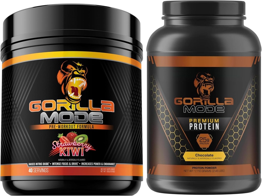 Gorilla Mind Pre Workout (Strawberry Kiwi) + Premium Whey Protein (Chocolate) - Comprehensive Stack for Fueling Maksimal Repults