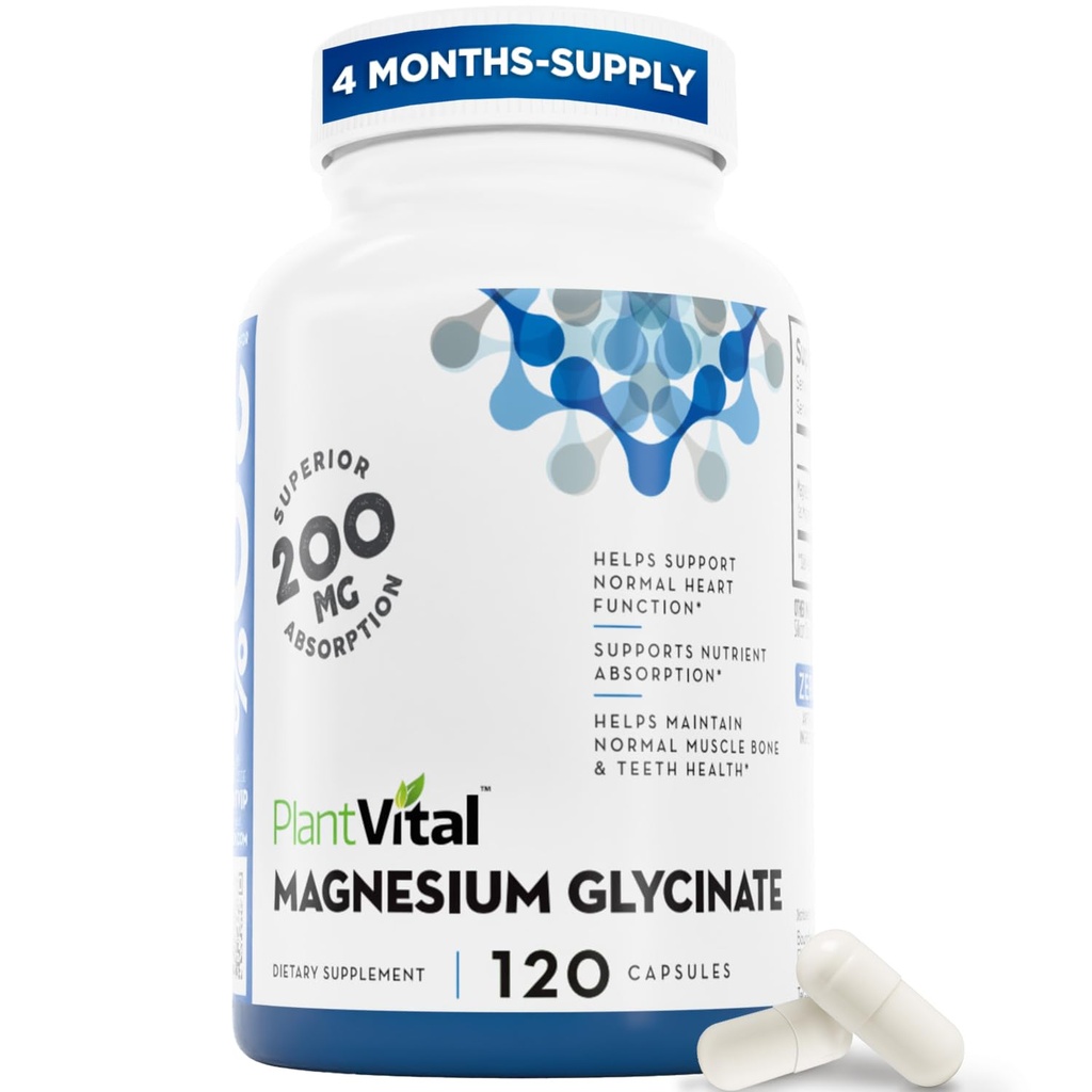 PlantVital Magnesium Glycinate 200mg 120 Capsules - Abupsi Tinggi, Non- GMO, Vegan, Gluten- Free - Dukungan Normal Tidur, Fungsi Muscle & Nerve, Jantung Normal & Bone Kesehatan, Bantuan Merasa Tenang & Relax