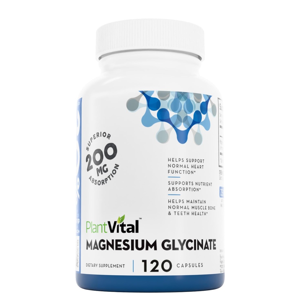 PlantVital Magnesium Glycinate 200mg 120 Capsules - Abupsi Tinggi, Non- GMO, Vegan, Gluten- Free - Dukungan Normal Tidur, Fungsi Muscle & Nerve, Jantung Normal & Bone Kesehatan, Bantuan Merasa Tenang & Relax